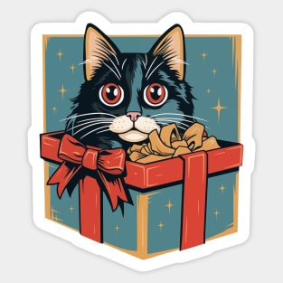 Vintage charm - adorable kitten peeking out of a holiday gift box, nostalgic design illustration for Christmas fun. Sticker